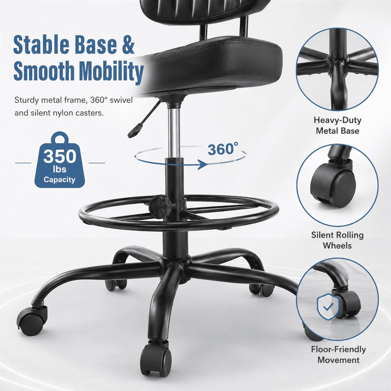 Simple Deluxe Armless Drafting Chair with Footrest, PU Leather, Black