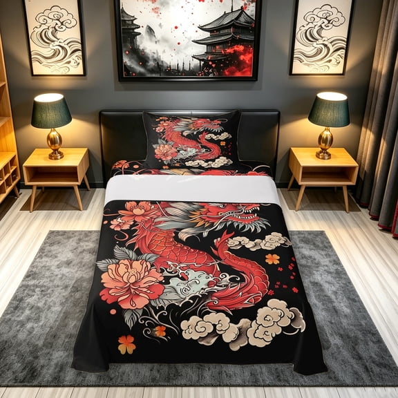meiyoeat Ink Peony Dragon Twin Sheets for Boys, Vintage Japanese Style Bedding, Black Red, Black Reversible, 1 Flat Sheet, 1 Fitted Sheet and 1 Pillowcase