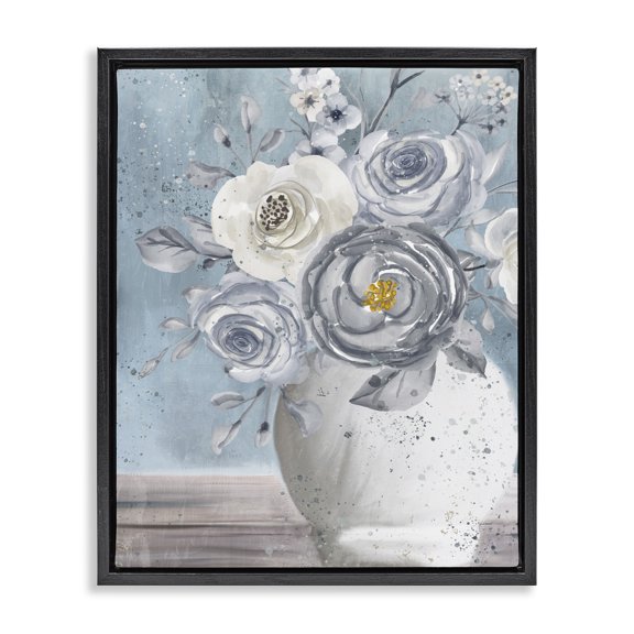 Stupell Industries Farmhouse Speckled Flower Arrangement Vase Varied Full Blooms Black Floating Frame Canvas Art, 17 x 21, by Kim Allen