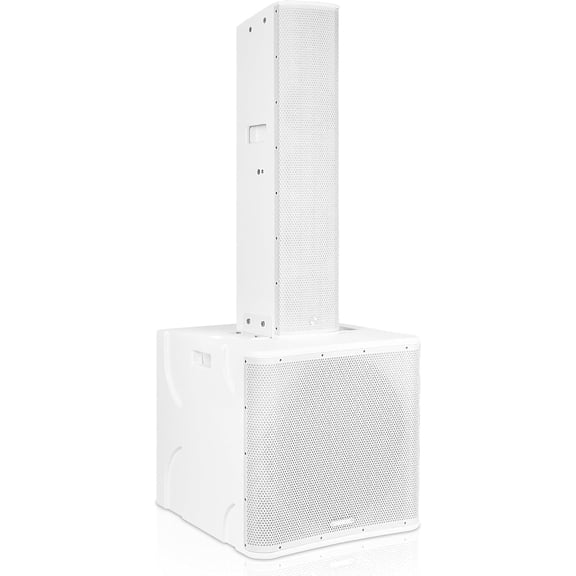 Sound Town CARPO Series Powered Subwoofer and Line Array Speaker System with One 18-inch Subwoofer, One High-Power Column Line Array Speaker w/DSP, TWS Bluetooth, Birch Plywood, White (PS-18SWK8WPW)