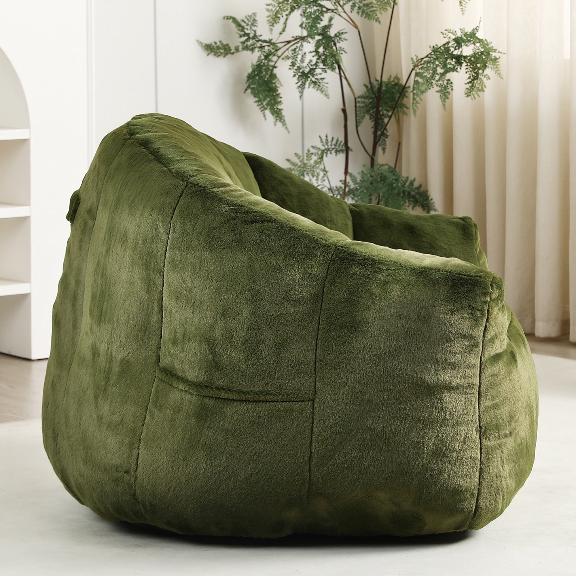 PAPROOS Oversized Bean Bag Chair for Adults, Green Faux Fur Memory Foam Bean Bag Sofa, Pre-Filled Comfy Lazy Sofa Chair with Removable Cover for Living Room Bedroom Dorm