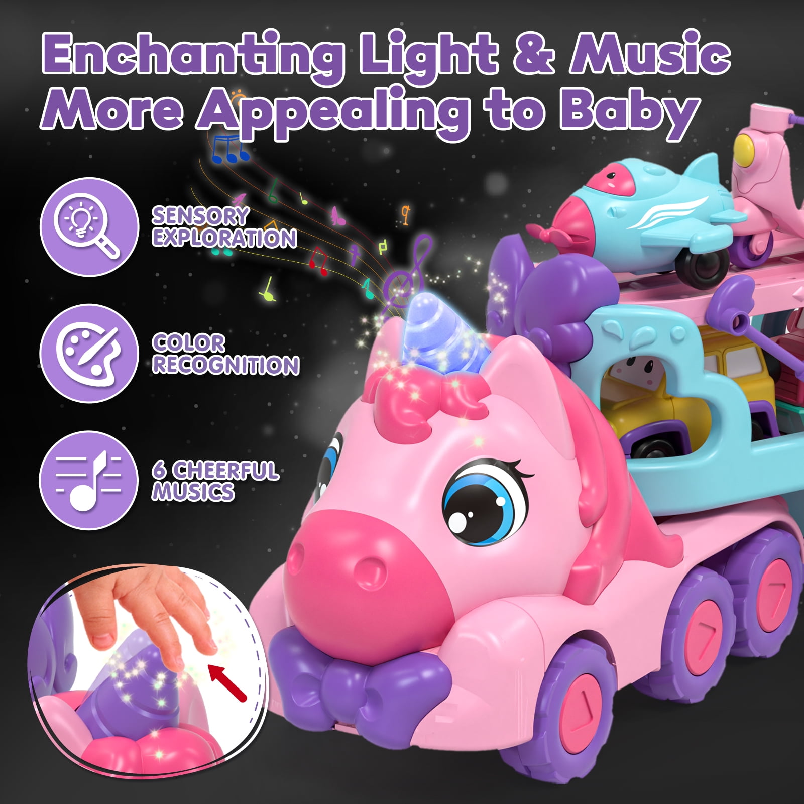 Toddler Girl Toys, 5-in-1 Unicorn Transport Truck for 2 3 4 Year Old Girls, Kids Toy for 2+ Year Old Girls with Light & Music, Toddler Toy Truck Car for 2-4 Girls Birthday Gift