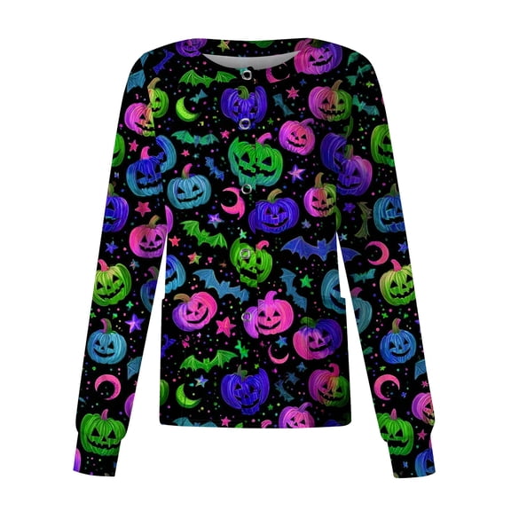 Domzest Halloween Holiday Women Scrubs Jacket Crew Neck Pumpkin Ghost Bat Graphic Nurse Uniform Button Front Cute Nurse Working Uniform Blue 3XL