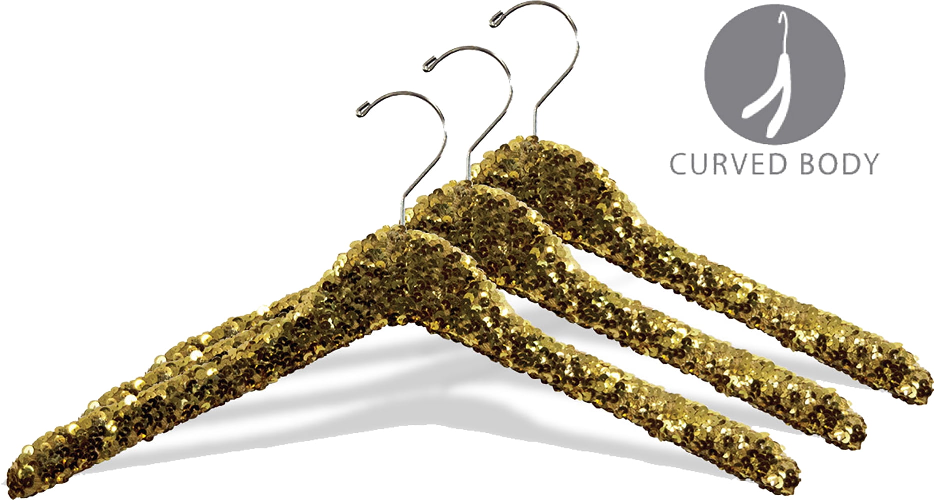 International Hanger Curved Gold Sequined Solid Wood Top Hanger, 360-Degree Swivel Hook, Decorative Sequin Covered Wooden Hanger for Shirts, Jackets, Dresses, Bridal - 6 Pack