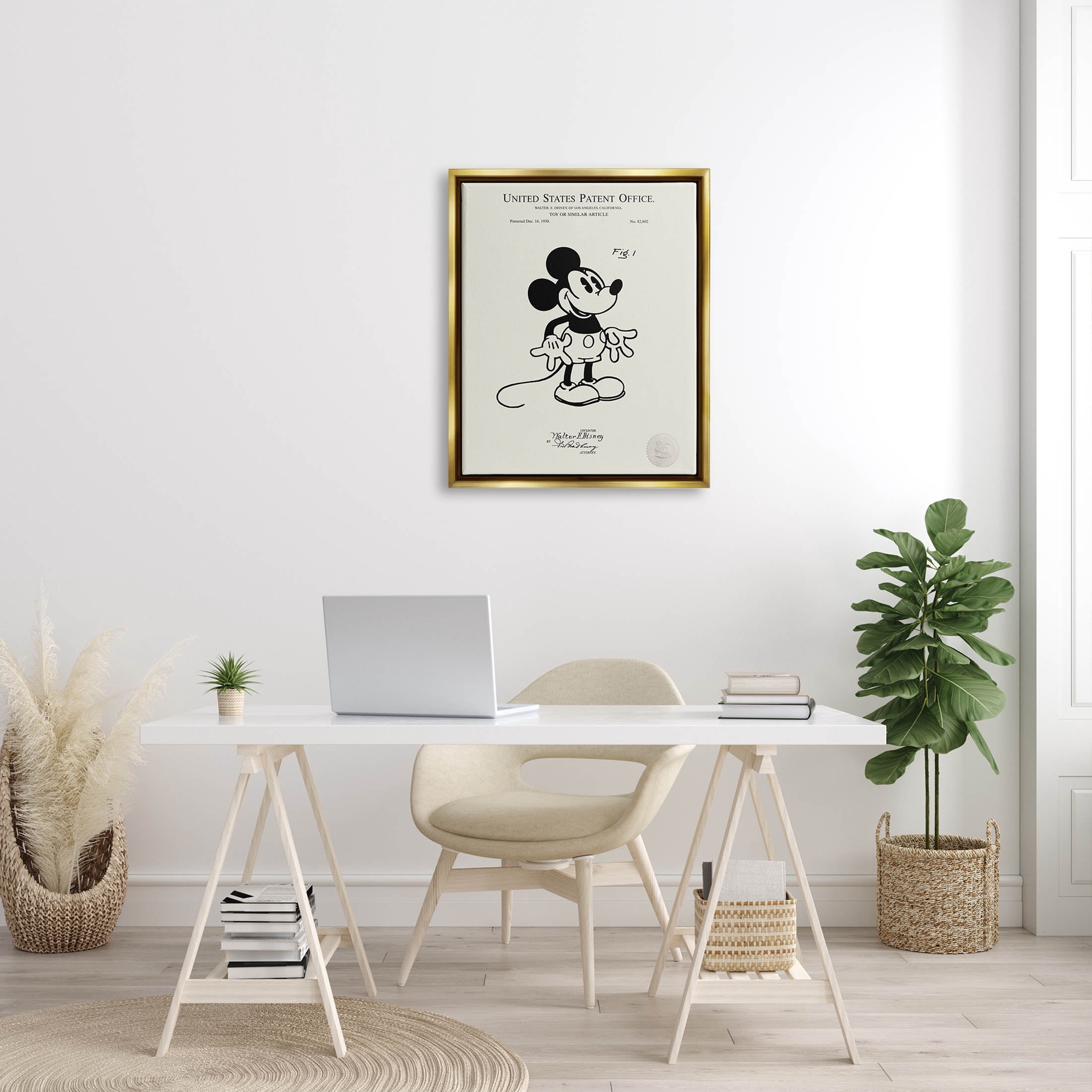 Stupell Industries Vintage Cartoon Character Patent Graphic Art Metallic Gold Floating Framed Canvas Print Wall Art, Design by Karl Hronek
