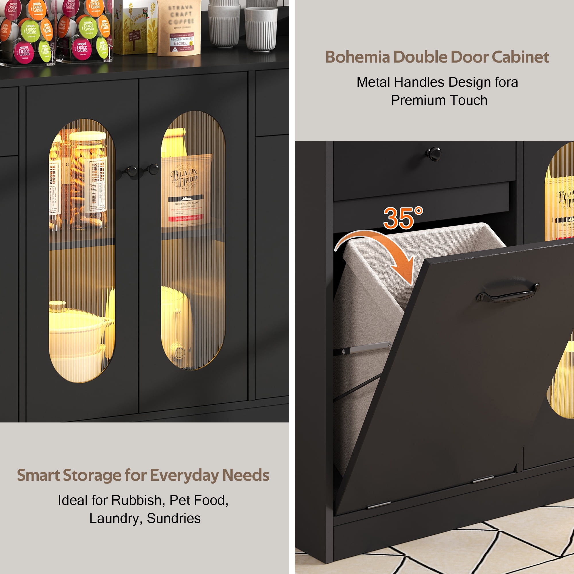 54'' Large Kitchen Island With Tilt Out Trash Can Cabinet And Adjustable Shelves, Kitchen Furniture With Led Light And 2 Drawers
