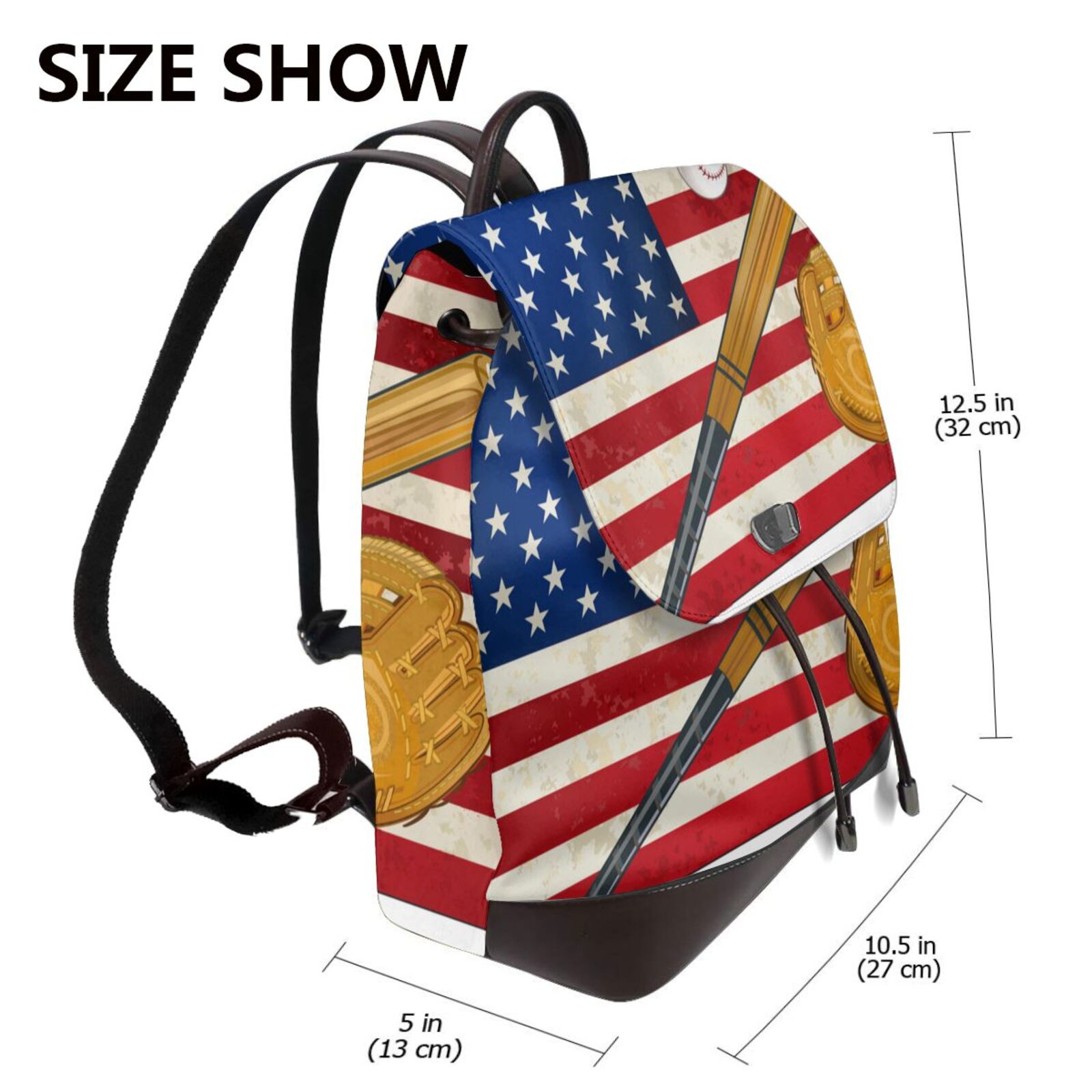 Xecao American Flag And Baseball Print Large Backpack Soft Leather for Women Travel with Compartment, Adjustable Convertible Strap