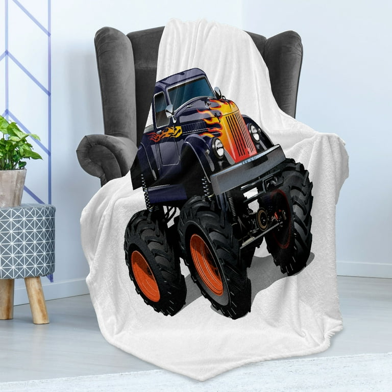 Truck Soft Flannel Fleece Blanket Flame Patterned Hood Cool Monster Truck with Giant Wheels Children s Cartoon Pickup Cozy Plush for Indoor and