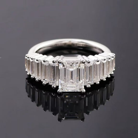 Five Stone Emerald Cut, Side Baguette Cut Clear Moissanite Diamond Engagement Ring, 14k, Gold Plated