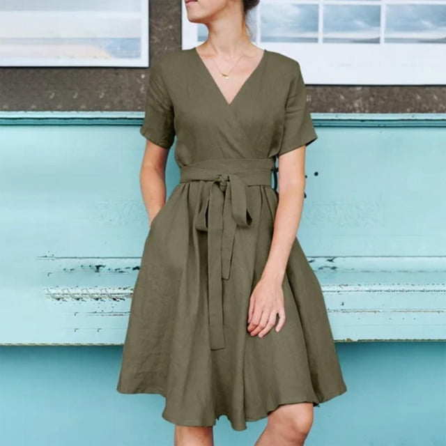 Vestido informal de mujer con cuello en V de algodón y lino elegante vestido sencillo hasta la rodilla Vestidos FLhrweasw Nuevo