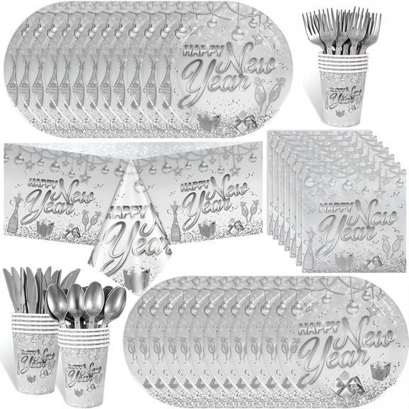 BPPEG 97Pcs Silver New Years Decorations Party Tableware Set, Serves 12, New Years Plates and Napkins Cups New Year Eve Party Tablecloth Cutlery Disposable Dinnerware Set for Nye Decorations 2026