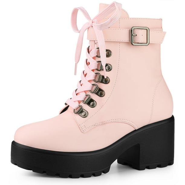 Botines De Combate Con Plataforma Tacón Grueso Cremallera Para Mujer Rosado 37