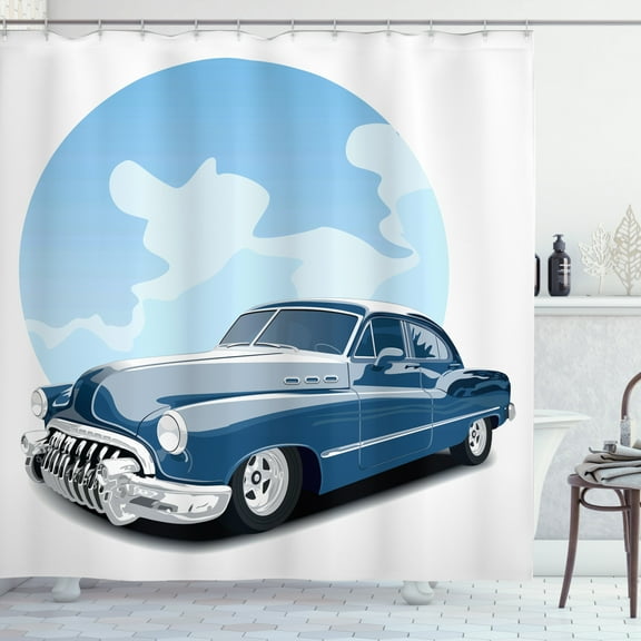 Ambesonne Cars Shower Curtain, Retro Vintage Auto, 69"Wx84"L, Blue Pale Blue Black