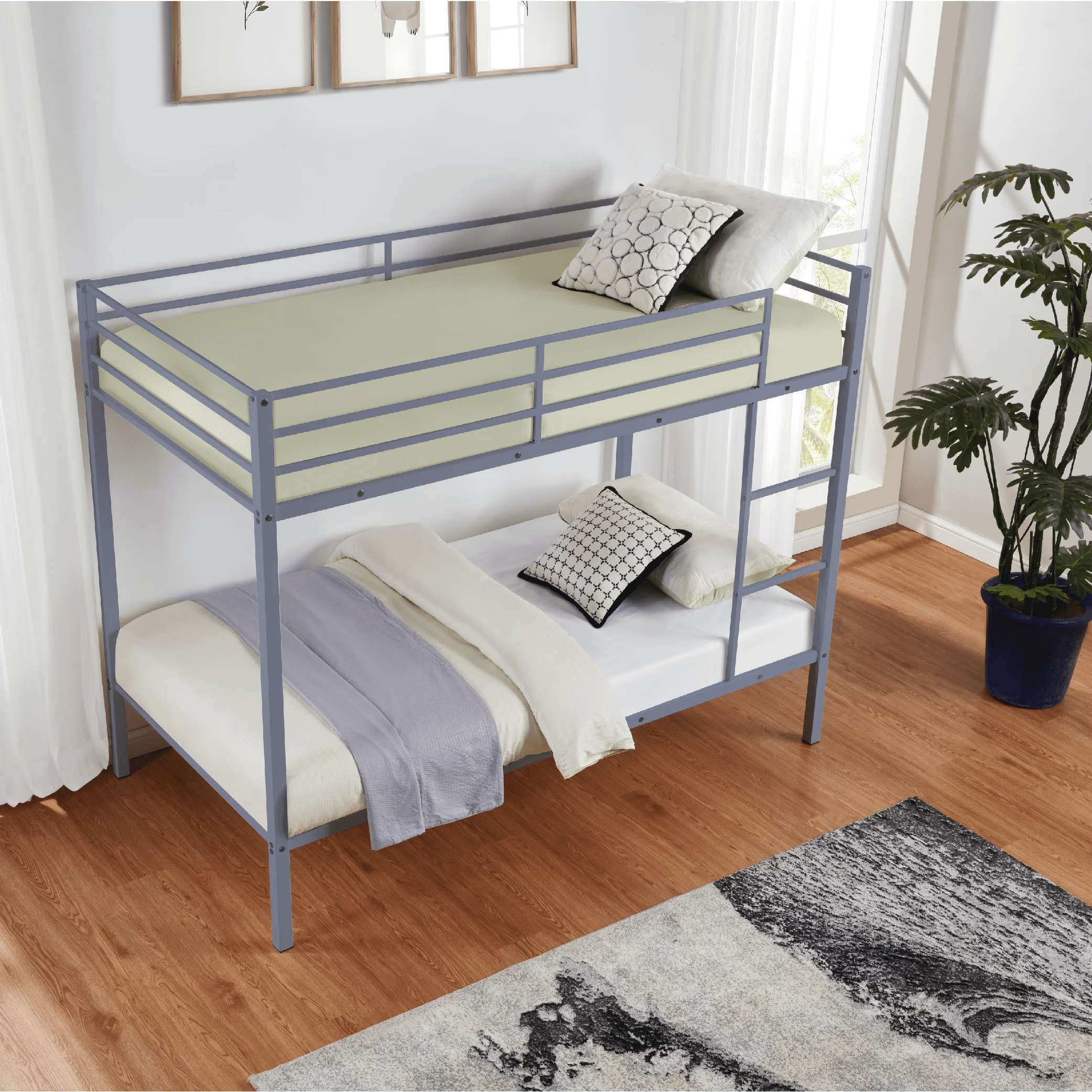 MAYEERTY Twin Size Metal Bunk Bed, Low Profile Bed Frame with Built-in Ladder, High Guardrail, Space-Saving for Kids, No Box Spring Required, Gray