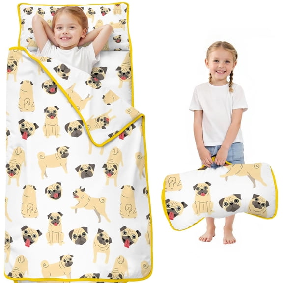 Cute Cartoon Pug Toddler Nap Mats for Kids Preschool,50"x20" Sleeping Mat Bag or Kids,Toddler Sleeping Bag,Toddler Nap Mat or Daycare