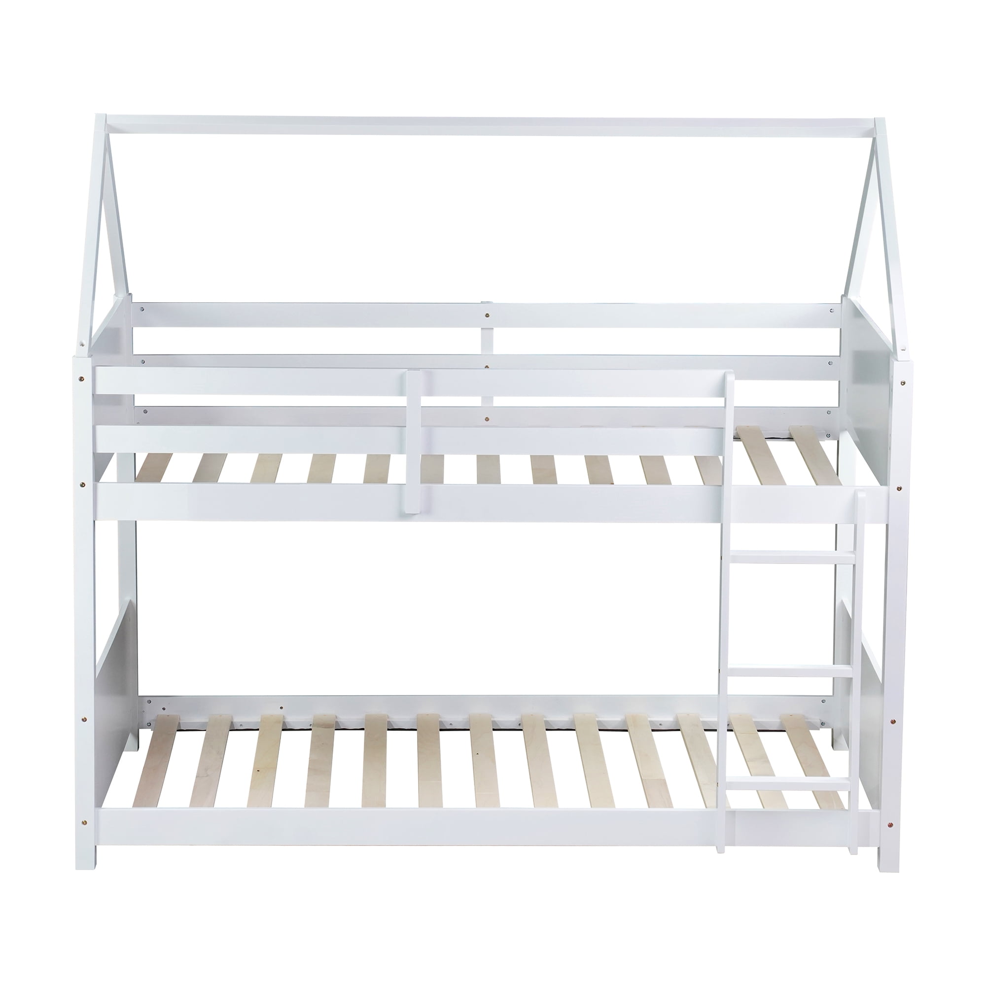 Aukfa Heavy Duty Junior House Bunk Bed with Full-Length Guardrail, Twin Over Twin Bunk Bed Frame, White