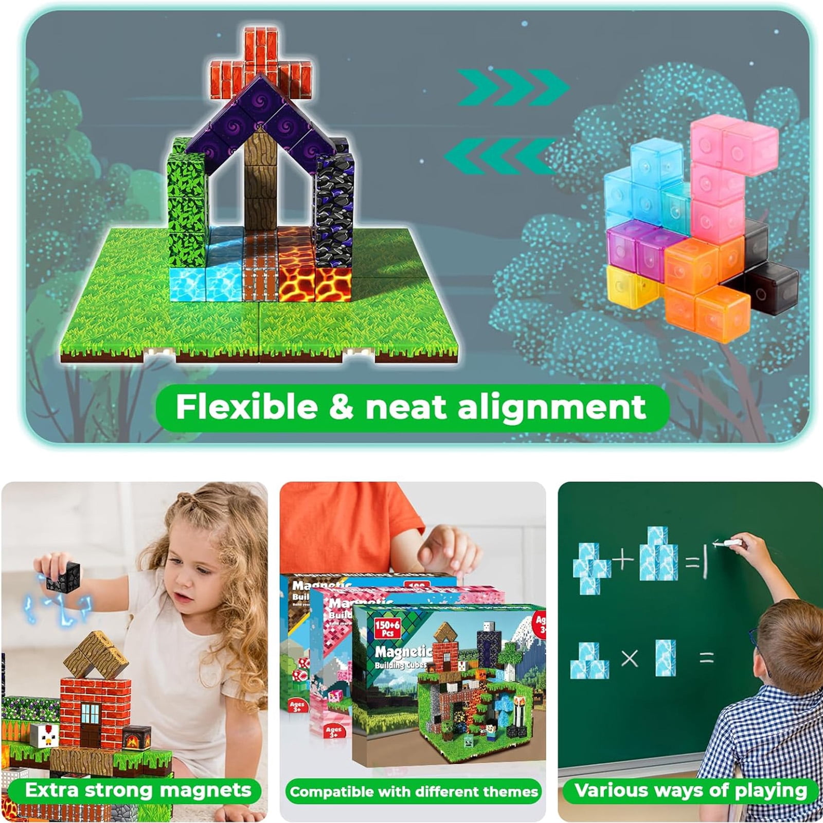 Annexfun 150Pcs Magnetic Blocks - Magnetic Building Block with 6 Base Plate, Stacking Magnets for Kids, Sensory Toy for Toddlers STEM Learning, Birthday Gifts for 3+ Years Old Boys Girls