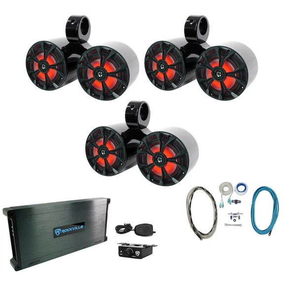 (3) Rockville RKL65MBW 6.5" Marine Boat Dual Wakeboard Tower LED Speakers Amp