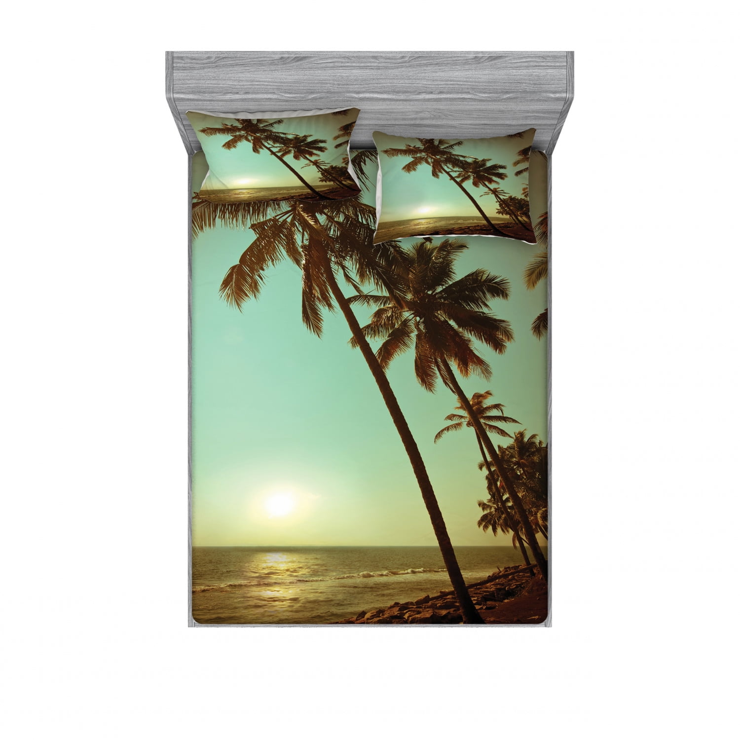 Palm Tree Bedding Set with Sheet & Covers, Sunset Tropical Beach Dusk
