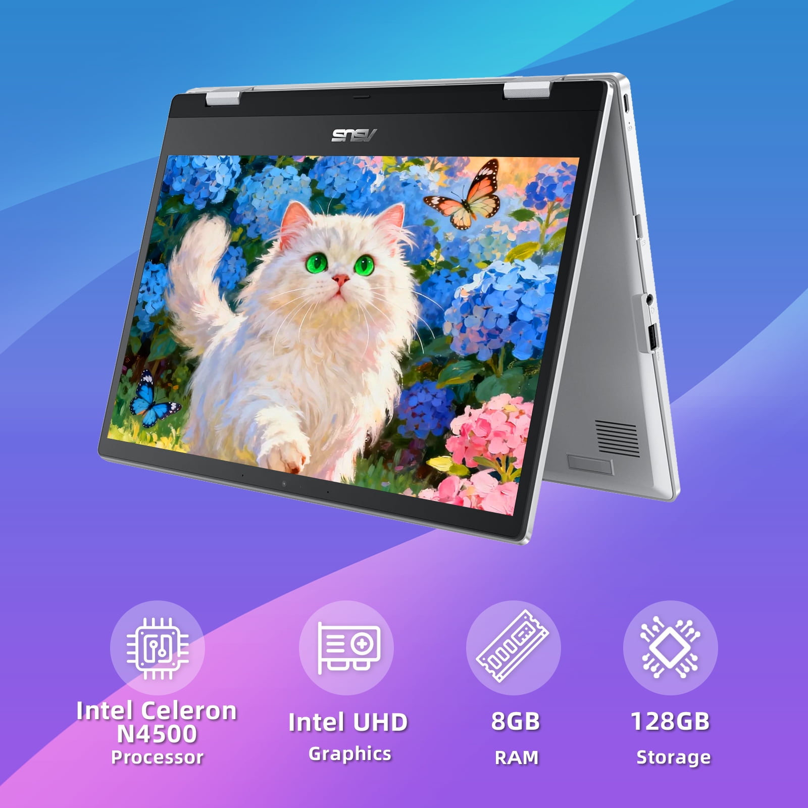 ASUS Chromebook Flip CX1 14" 2-in-1 Chromebook Laptop – Full HD Touchscreen, Intel Celeron N4500, 8GB RAM, 128GB eMMC, Chrome OS, MIL‑STD 810H Durability, Spill‑Resistant Keyboard, Silver