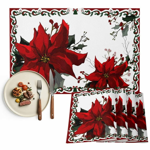 Christmas Poinsettia Flowers Placemats Set of 4, White Table Mats Washable Heat-Insulation Non-Slip Place Mats for Kitchen Dinner Table Indoor Outdoor Decor,13x19 Inch