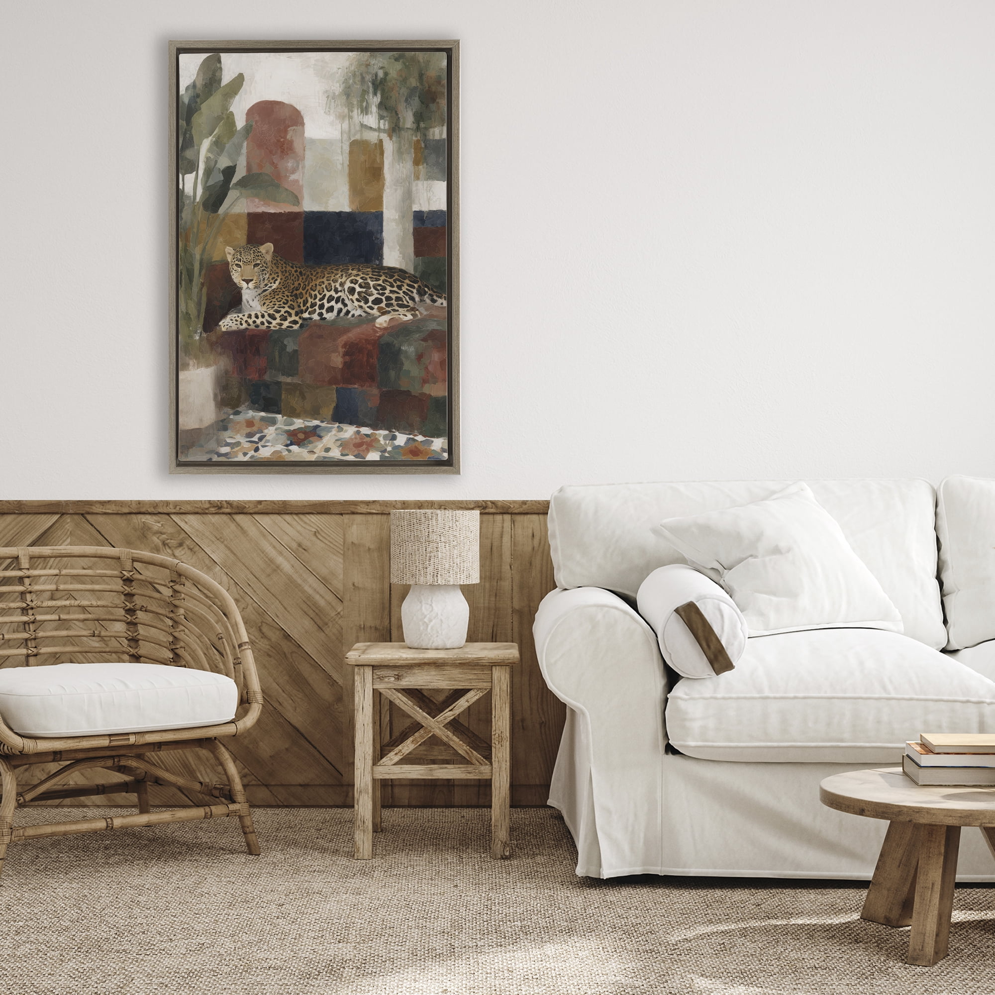Stupell Industries Jaguar Among Tropical Palms Brown Framed Floater Canvas Wall Art, design by Chromatic Storm Studio