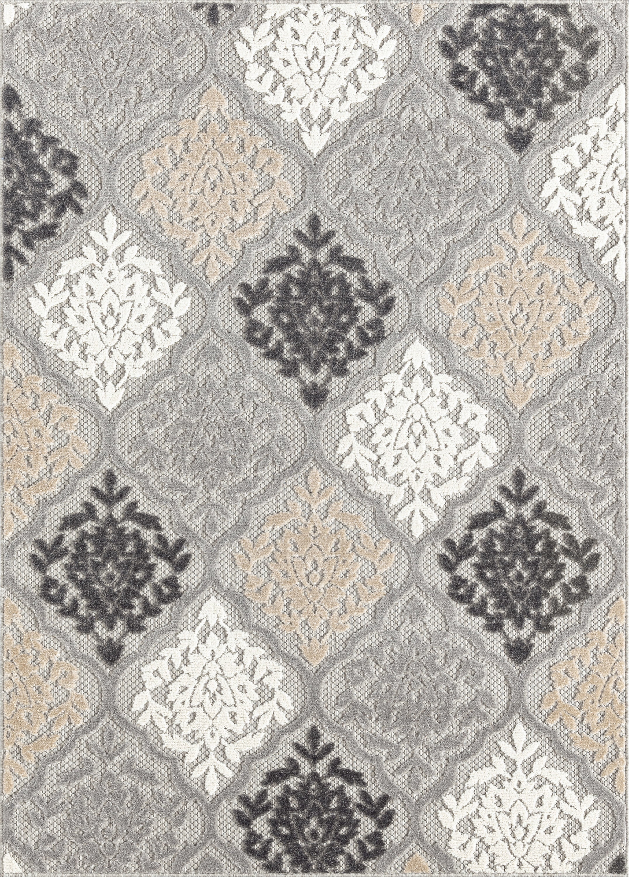 Oasis Modern Medallion Gray and Beige Polypropylene Indoor Outdoor Area Rug, 9'x12' Rectangle