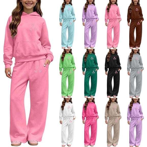 Fjofpr Girl's Tracksuits 2 Pieces Outfits Winter Printed Hooded Sweatshirt Wide-Leg Pants Casual Sports Fleece-Lined Warmth Two-Piece Set Kids 5-14 Years
