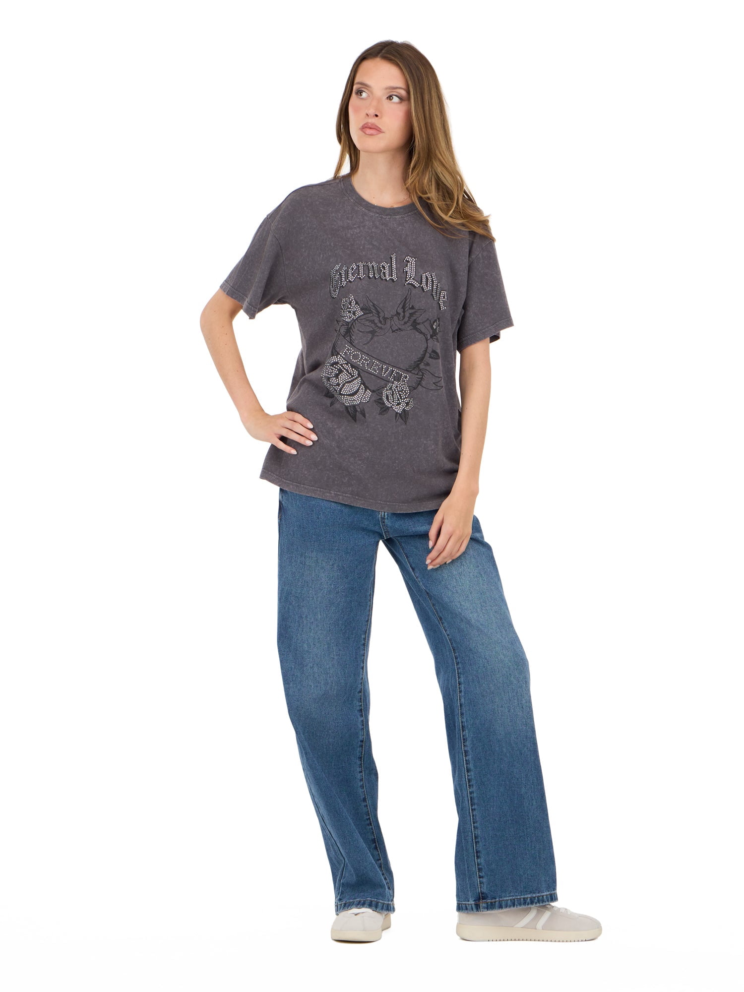 Forever 21 Women's Oversized Graphic Tee, Relaxed Fit Short Sleeve T-Shirt, Casual Streetwear Everyday Style Top, Grey, XXS-4X