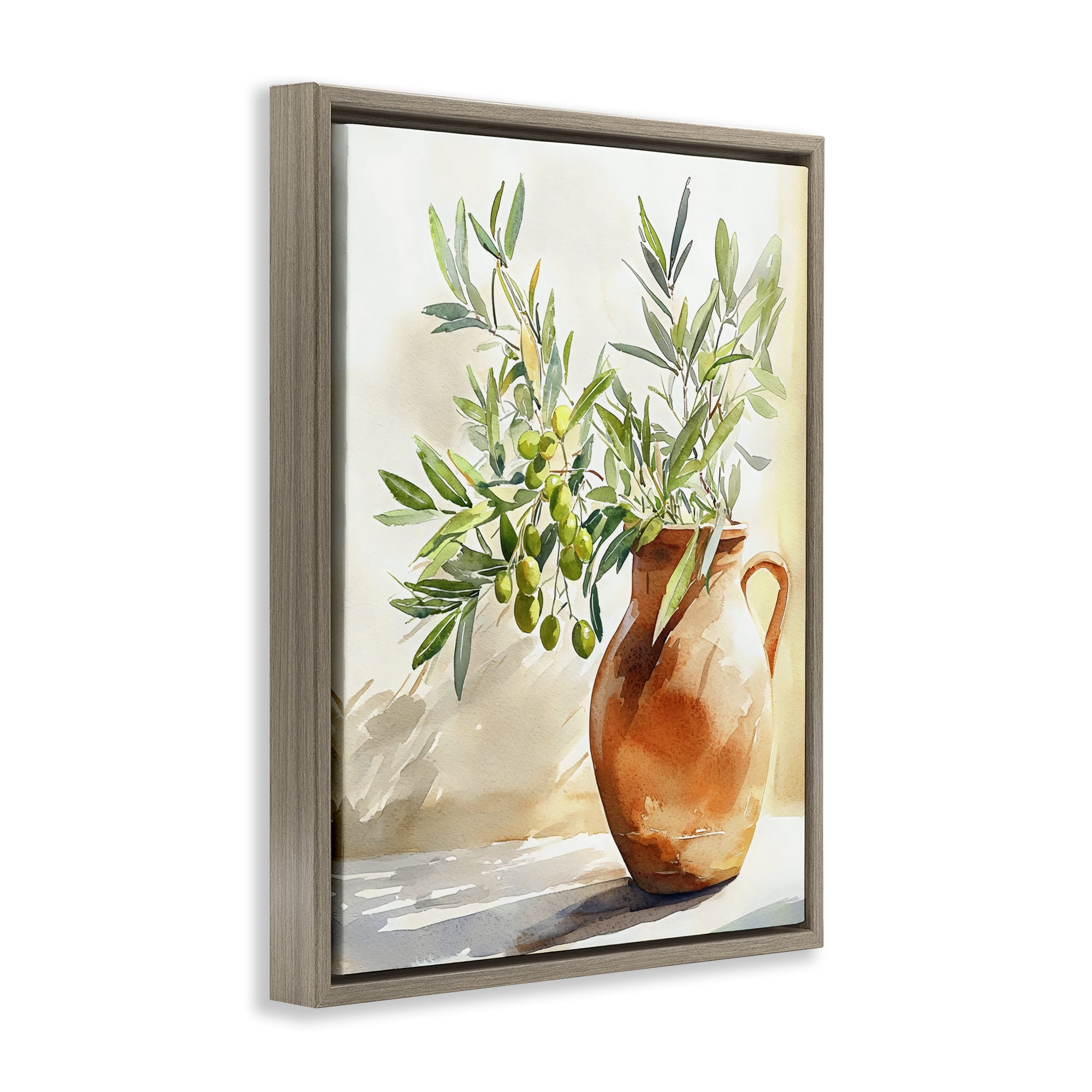 Stupell Industries Olive Branch in Terracotta Vase Brown Framed Floater Canvas Wall Art, design by LSR Design Studio