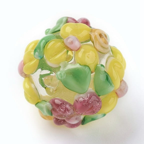 Handmade Lampwork Beads Rondelle with Flower Bumpy Yellow 14~15x12~13mm Hole: 1.5~1.8mm