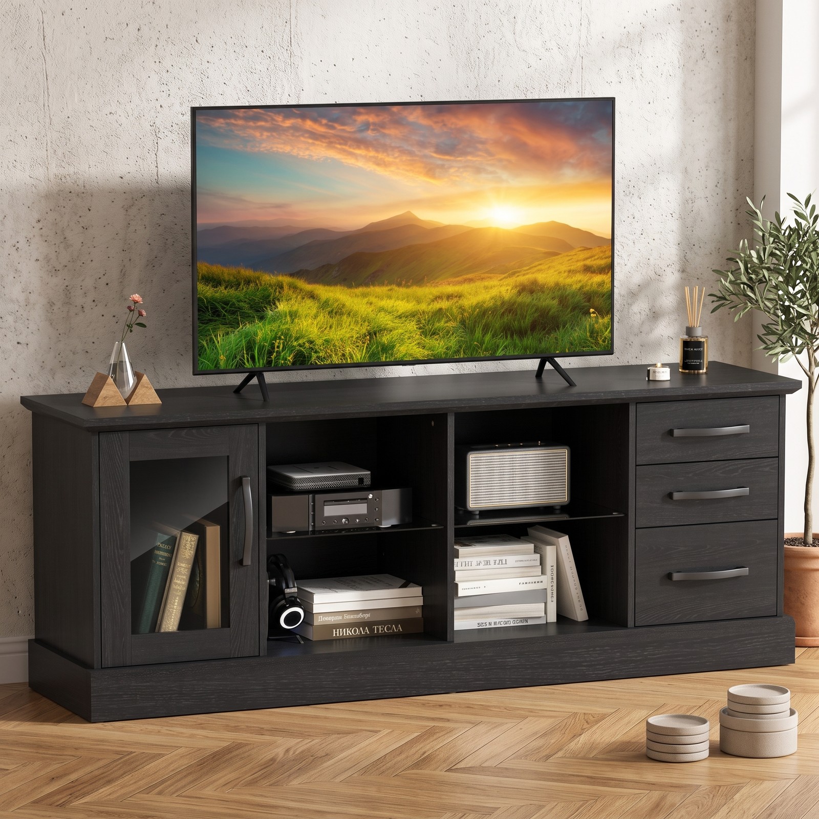 Furnibear 63 Inch Media Console TV Stand for TVs up to 73", Modern Entertainment Center with 3 Drawers, 2 Removable Glass Shelves & Cable Management for Living, Black