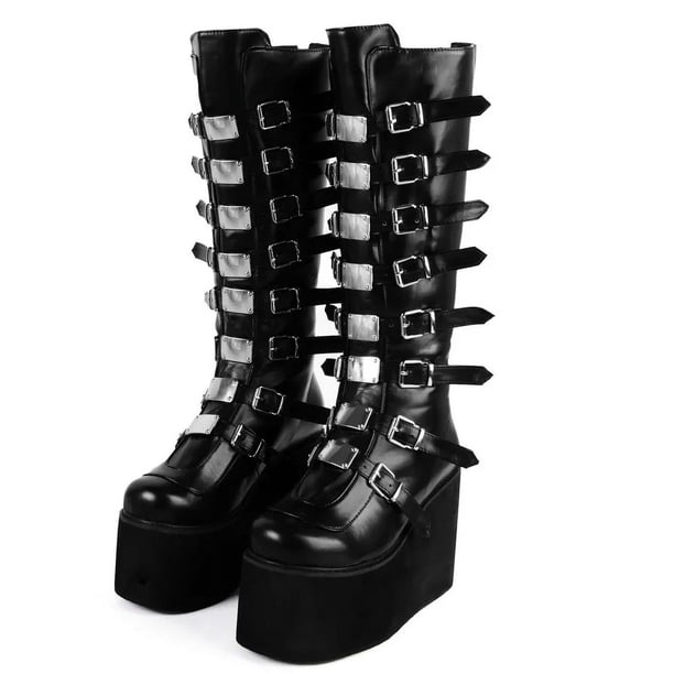 Botas altas hasta el muslo con cuña para Mujer, diseño de marca, botas de plataforma negras a la moda, zapatos góticos de Cosplay para Mujer 2022
