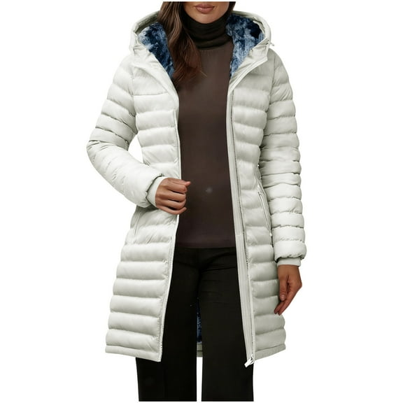 LEBONYARD Women's Trendy Zipper Hooded Thicken Liner Long Sleeve Long Length Solid Colored Loose Fitting Warm Pocket Casual Outerwear Puffer Jacket