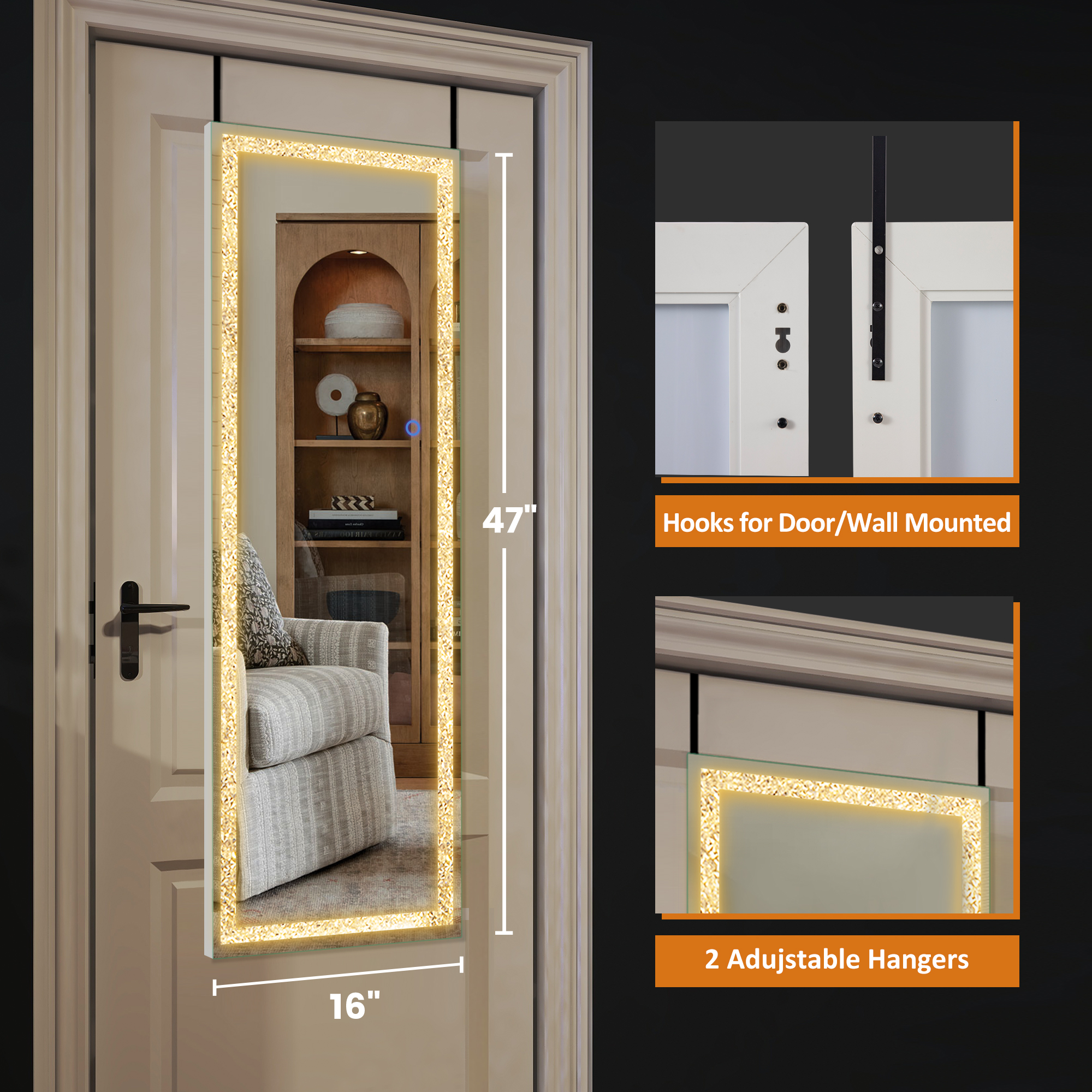 47"x16" Mordern Rectangle Hanging LED Mirror Door Mirror Vanity Mirror with Diamond,Silver