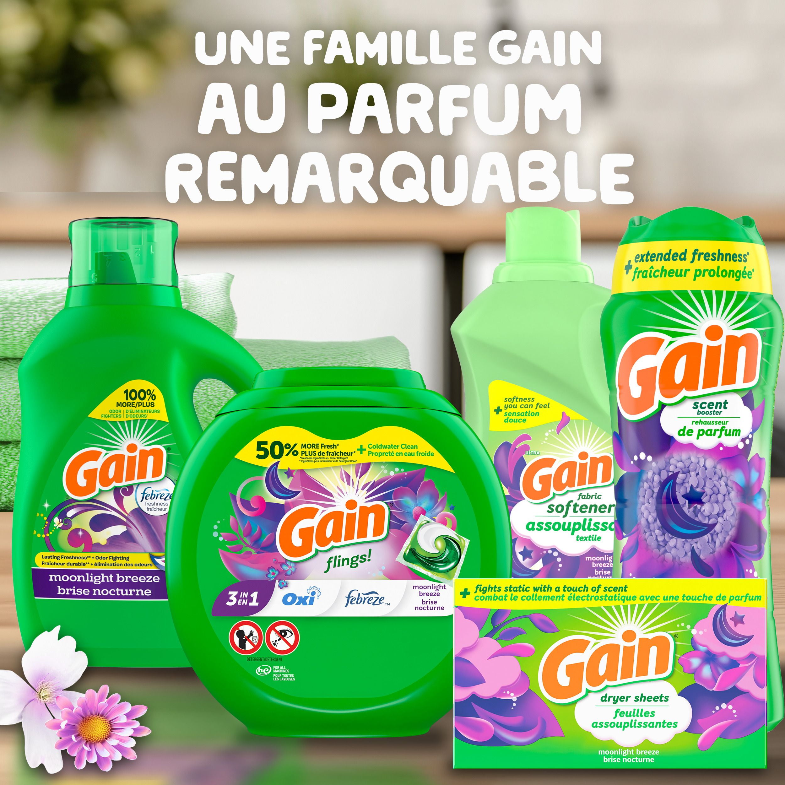 Feuilles assouplissantes Gain, combat le collement électrostatique avec un soupçon de parfum, feuilles pour la lessive, parfum Brise nocturne 200CT