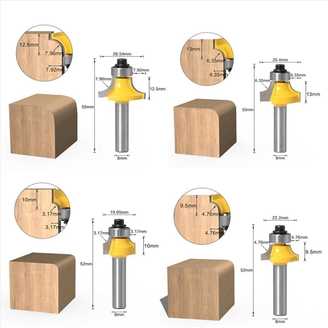 Juego de Brocas para Enrutador Redondeado con Vástago de 4 Piezas de 8 Mm: Fresa para Trabajar la Madera para Redondear y Biselar Bordes