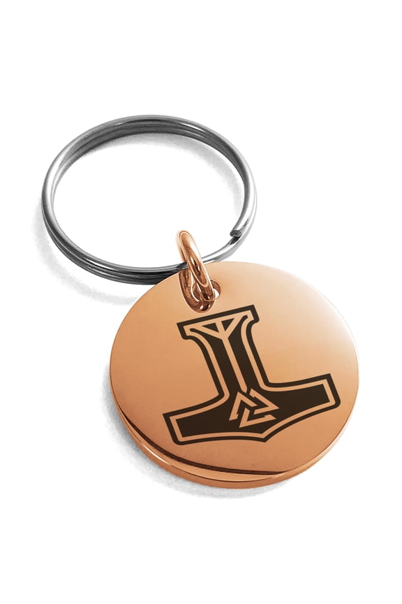 Stainless Steel Valknut Mjolnir Thor's Hammer Engraved Small Medallion Circle Charm Keychain Keyring