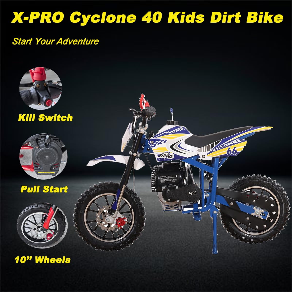 X-Pro Brand New Cyclone 40cc Gas Pit Dirt Bike, 4 Stroke Mini Bicycle for Kids with Pull Start