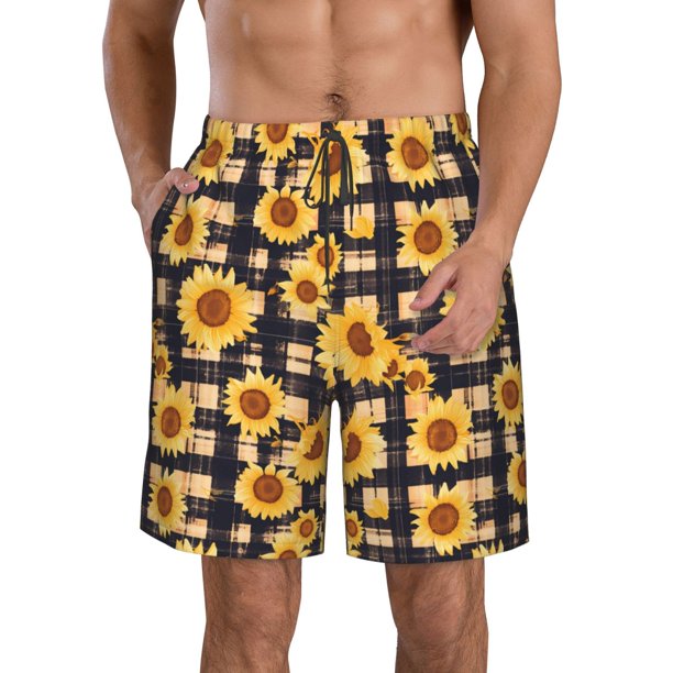 Balery Vintage Black White Plaid Sunflowe Traje de Baño Estilo Hawaiano para Hombre, Shorts de Secado Rápido con Bolsillos-Medium
