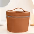 thumbnail image 2 of Vanity Case Travel Makeup Bag with Handle, Brown PU Leather Round Organizer, Waterproof Zippered Cosmetic Storage, Detachable Dividers, Holds Bottles for Toiletries and Skincare, 2 of 5