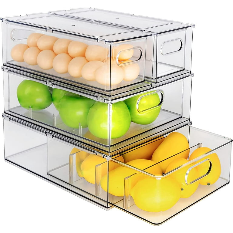Fridge Drawer Pull Out Stackable Bins with Handle Clear