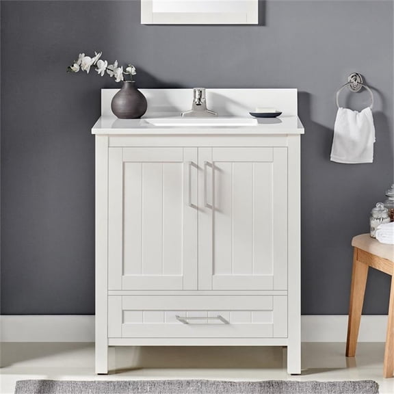 Pemberly Row 30" Bathroom Vanity in White with White Countertop