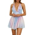 thumbnail image 3 of ZAXARRA Robe d'Été Mini pour Femmes Paillettes Col en V Profond Sans Manches Dos Nu Robe Trapèze, 3 of 7