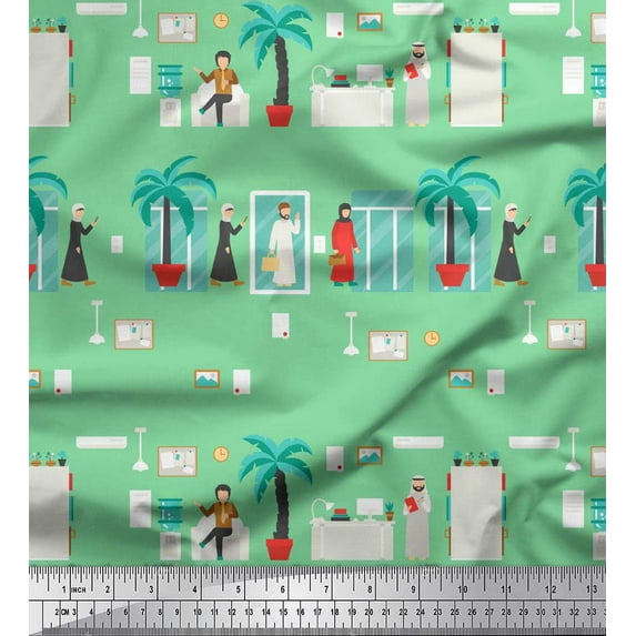 Soimoi Green Japan Crepe Satin Fabric Palm Tree & Dubai People Human Figure Fabric Prints By Yard 42 Inch Wide