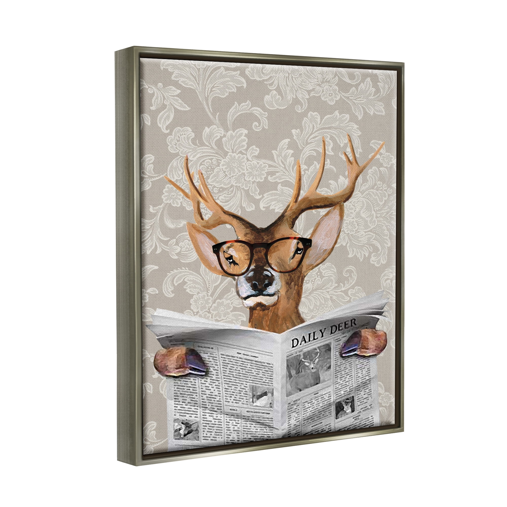 Stupell Industries Deer Reading Newspaper With Big Glasses Luster Gray Framed Floating Canvas Wall Art, 24x30, by Coco de Paris