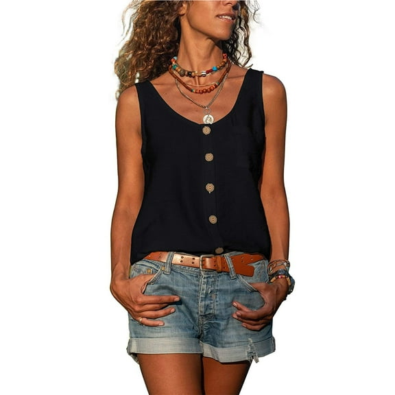 MRULIC tank top for women Women Button Down Tank Tops Scoop Neck Sleeveless T Shirts Blouses Loose Pocket Womens tank tops Black   L