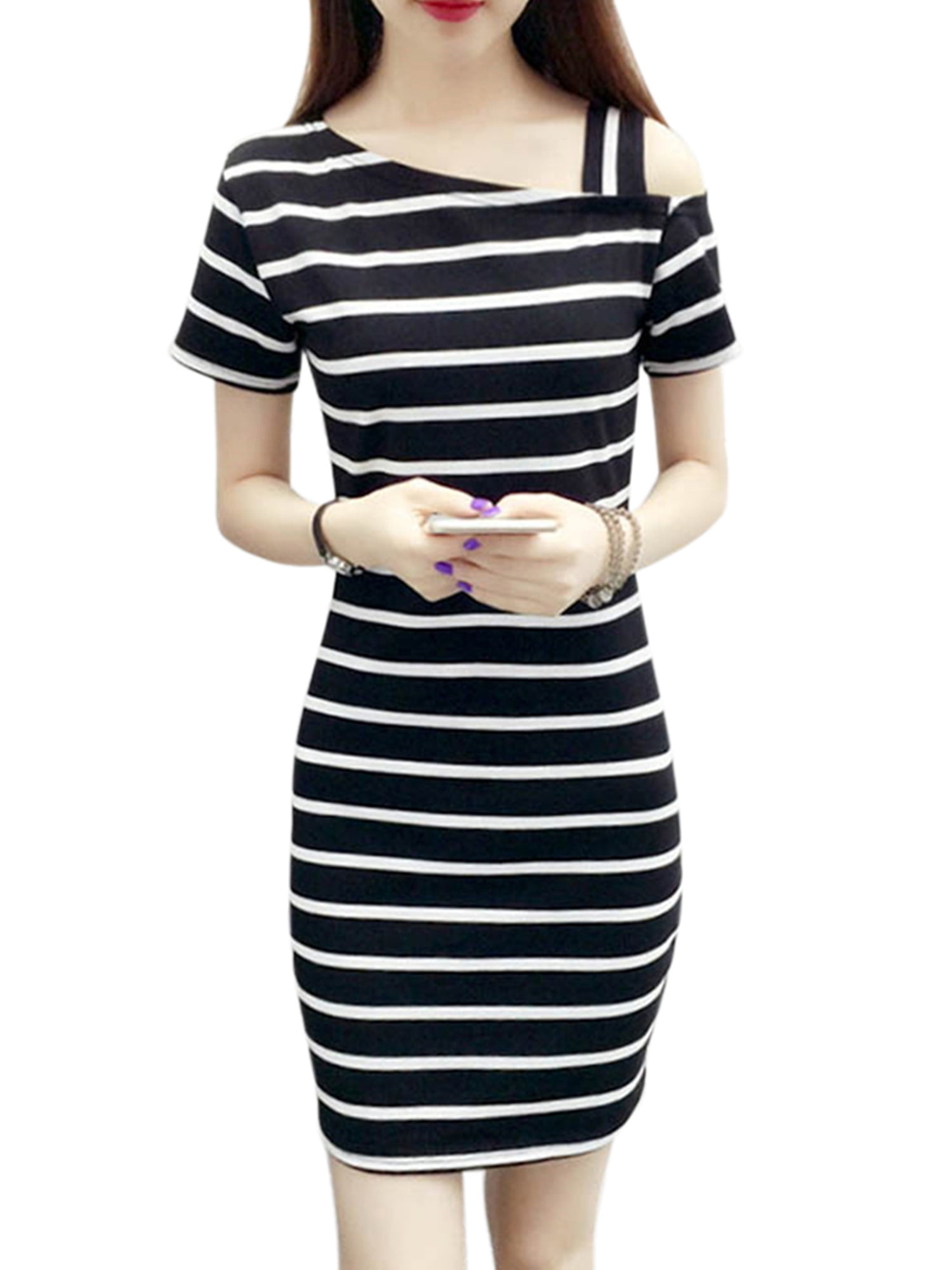 Upairc Womens Striped Short Sleeve Midi Dress Ladies One Shoulder Party Casual Fitness Sundress Walmart Com