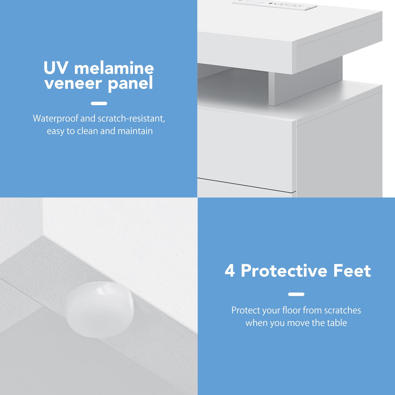 Hommpa Modern LED Nightstand with Charging Station USB Type C 3 Drawer Bedside Table High Gloss White Smart Nightstands End Side Table for Bedroom