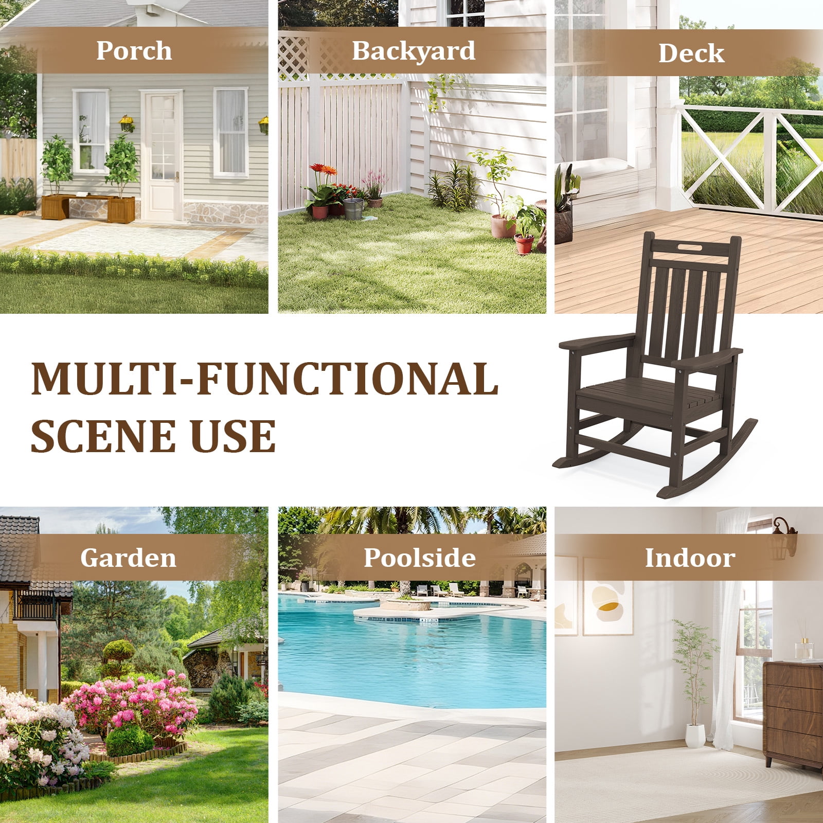 LOYALICE HDPE Outdoor Rocking Chair for Porch Patio, All-Weather High Back Rocker with Wood-Grain Texture, Heavy-Duty Deck Garden Seating, Fade-Resistant & Easy to Clean,Coffee